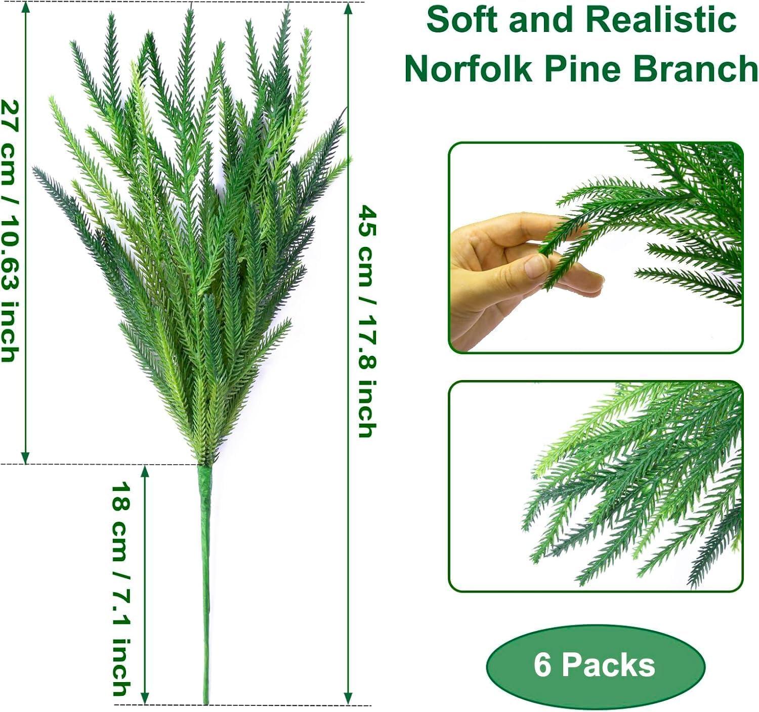 12 Pcs Christmas Norfolk Pine Branches- 18" Extra Length Artificial Xmas Branches Plants Pine Needles- Fake Greenery Norfolk Pine Stems Sprigs for DIY Craft Garland Home Garden Decor