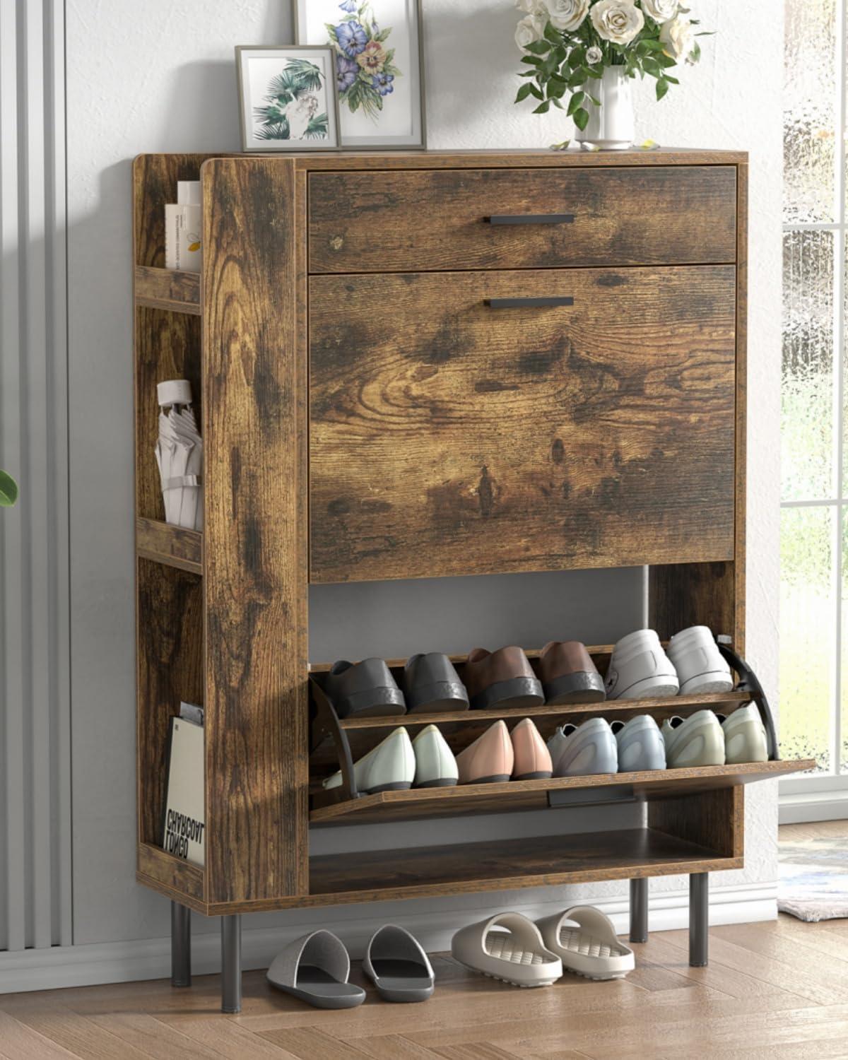 Shoe Cabinet Storage for Entryway  Freestanding Slim Shoe Organizer Cabinet with 2 Flip Drawers  Narrow Shoe Rack with Open Shelves for Hallway  Living Room  White