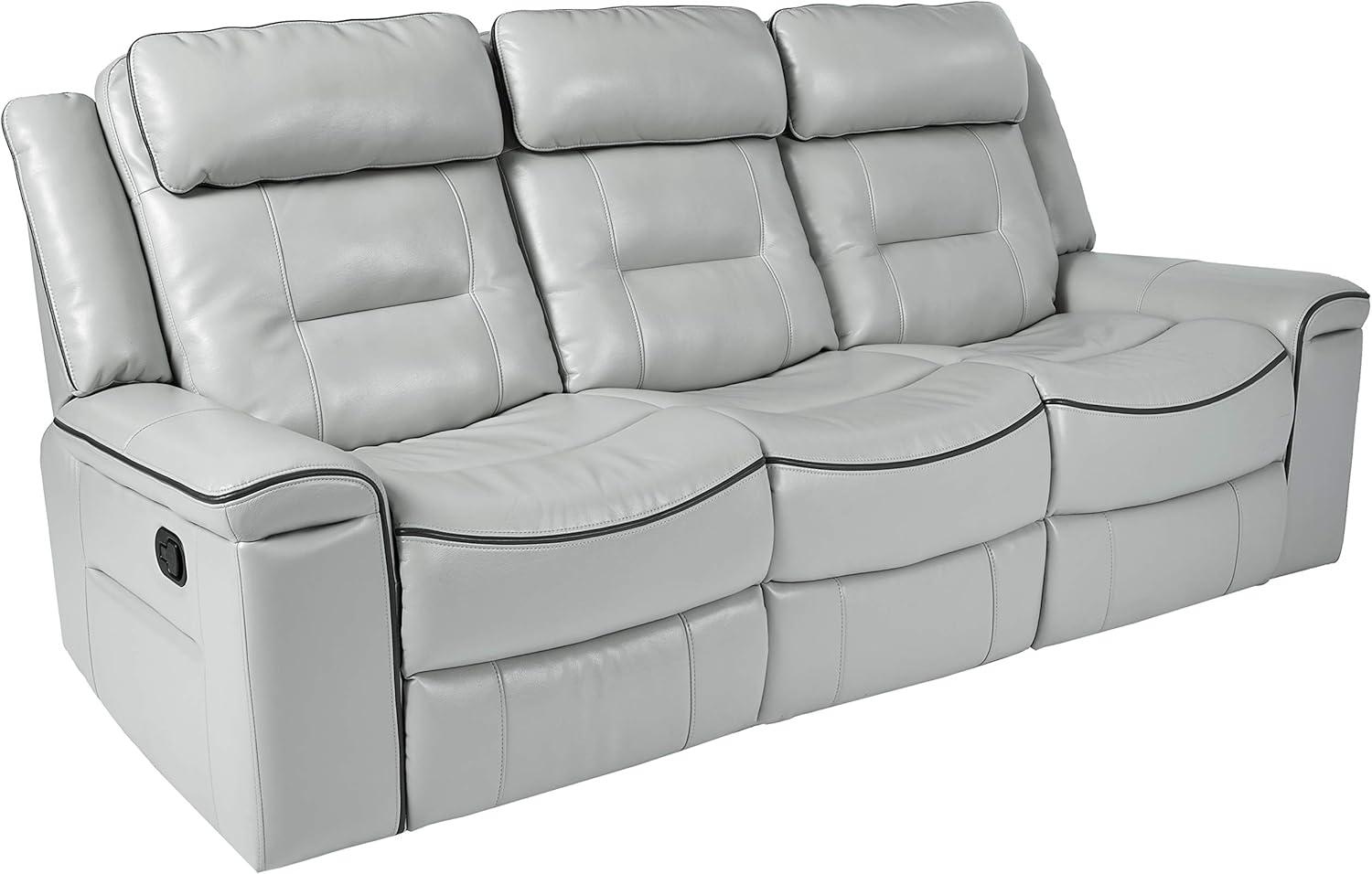 Modern Light Gray Faux Leather 88.5" Reclining Sofa with Wood Accents