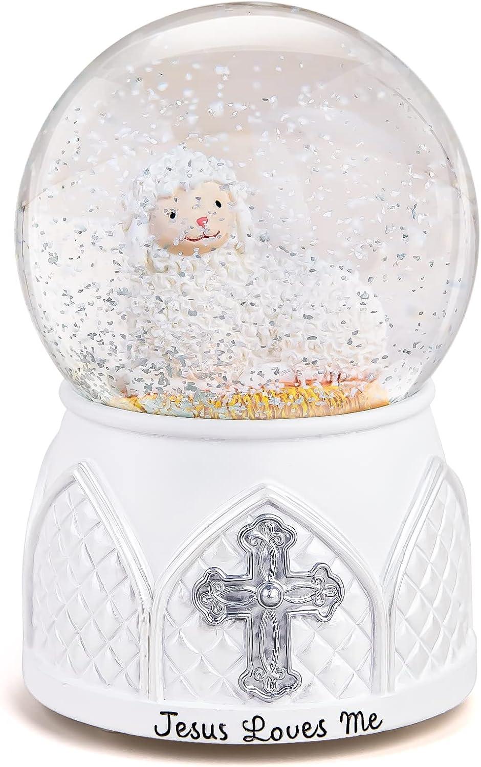 Jesus Loves Me Snow Globe, Jesus White Lamb Baptism Music Box, Religious Gift for Pastors Girls Wife Girlfriends Friends Easter Birthday Present