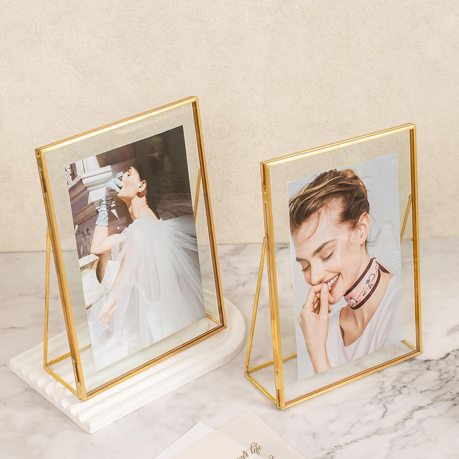 Gold Floating Picture Frame Set of 2, Glass Picture Pressed Flower Frames, Gold Floating Frame for 5x7 Photo Vertical Standing Tabletop Display