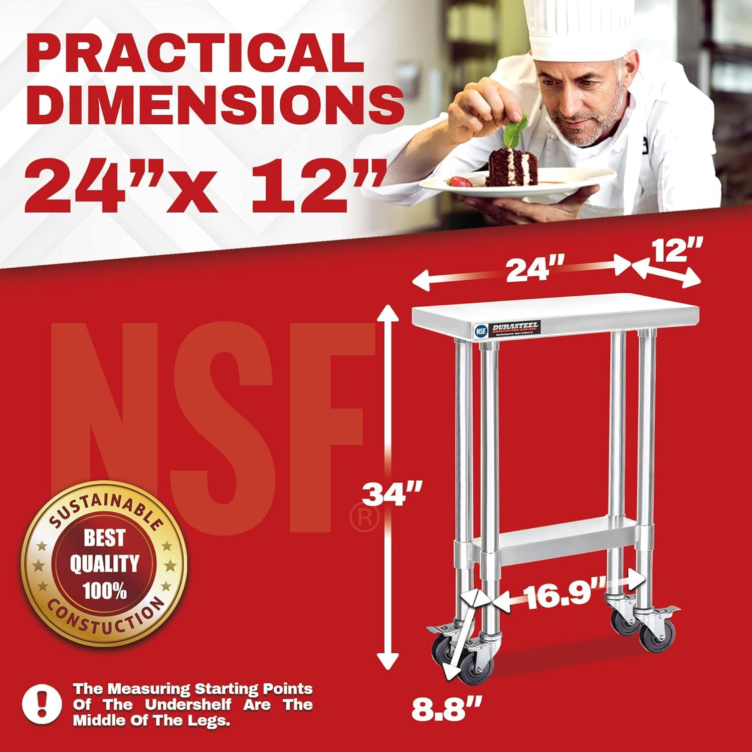 24 x 12 Inch Stainless Steel Movable Table Cart with Adjustable Under Shelf - NSF Certified