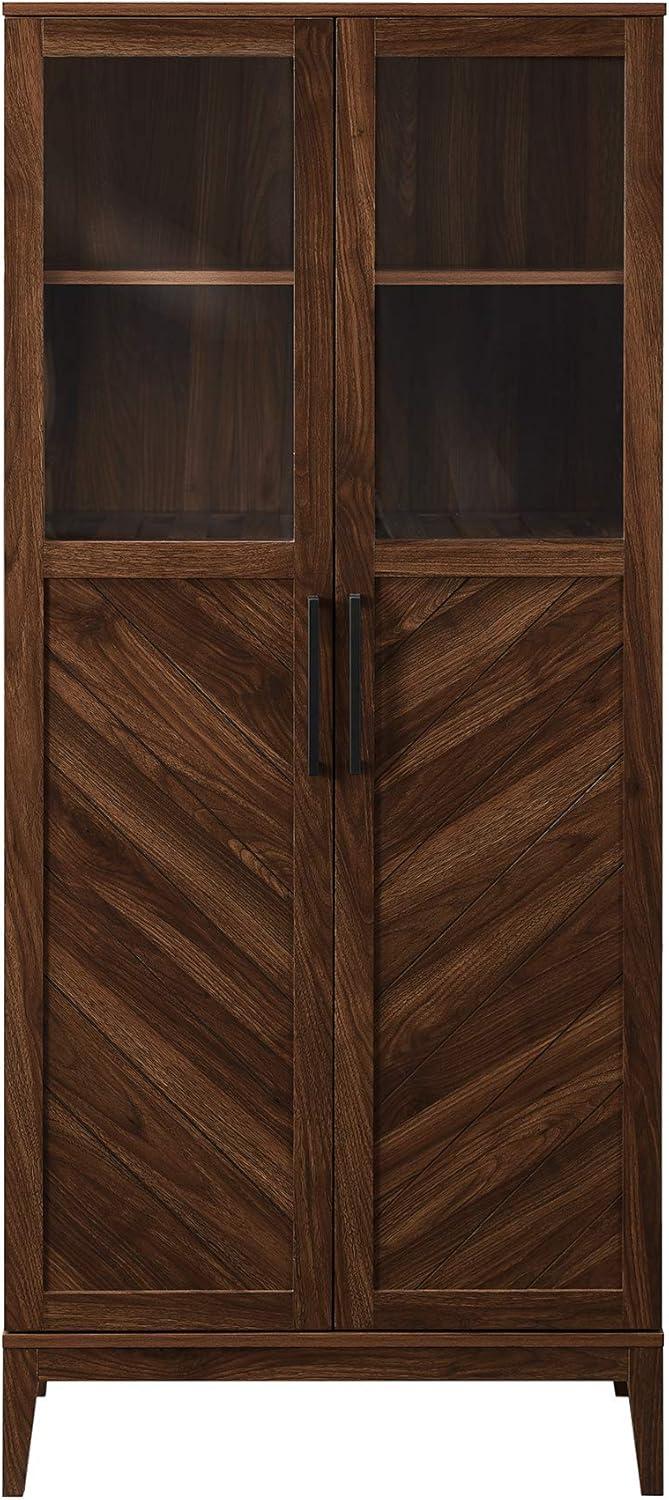 Dark Walnut Chevron Glass Door Storage Cabinet with Adjustable Shelves