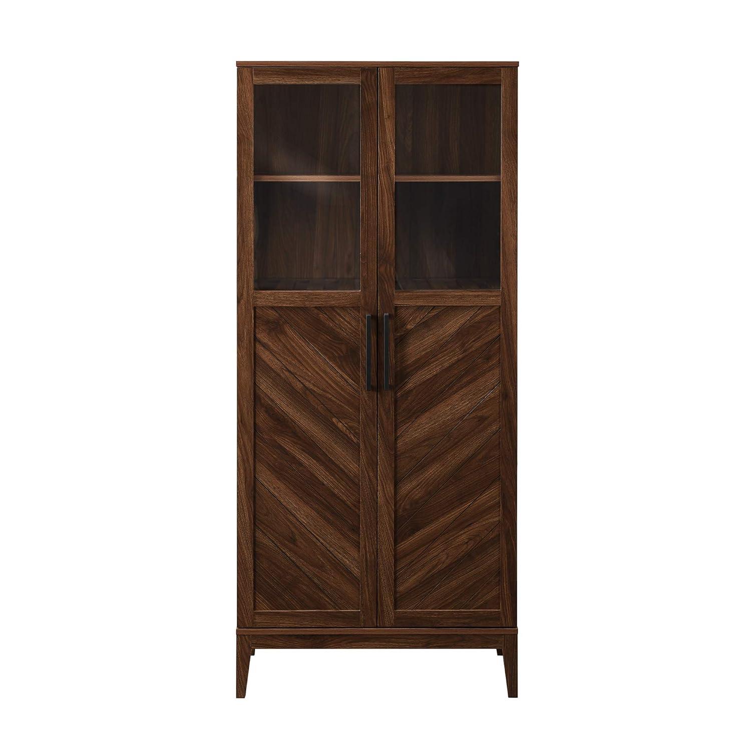 Walker Edison Emma Boho Chevron 2 Door Glass Window Hutch with Bottle Storage, 68 Inch, Dark Walnut