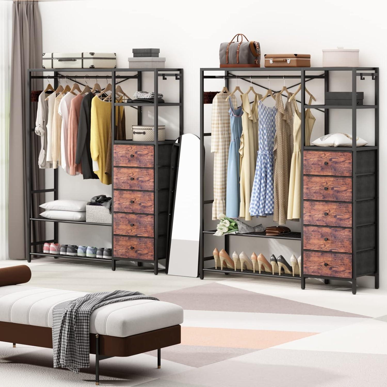 17 Stories Heavy Duty Clothes Rack For Hanging Clothes With 5 Shelves & 5 Drawers, Metal Freestanding Clothing Rack With Five Hooks, Garment Rack Closet Wardrobe Rack, 70.87H X 59.06W,Max 900Lbs,Rustic