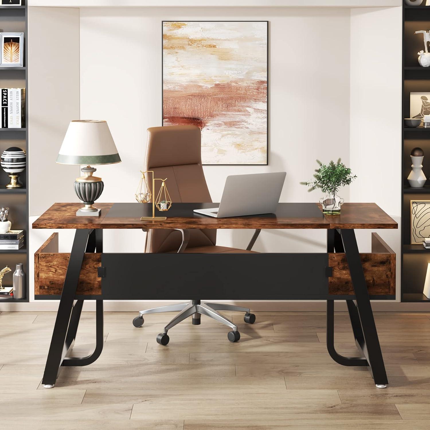 63" Black and Brown Wood Modern Office Desk with Storage Shelf