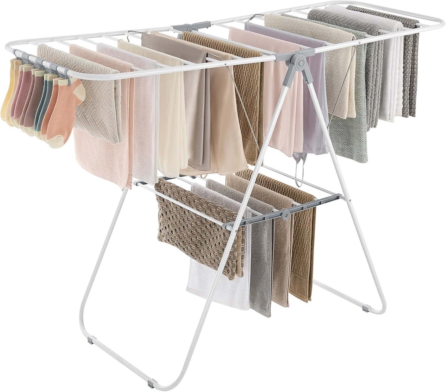 SONGMICS Clothes Drying Rack with Sock Clips Foldable Laundry Rack with Height-Adjustable Gullwings Space-Saving White and Gray