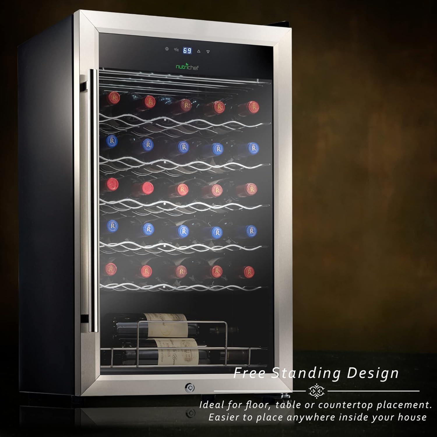 NutriChef 34 Bottle Compressor Wine Cooler Refrigerator Cooling System | Large Freestanding Wine Cellar Fridge For Red And White Champagne