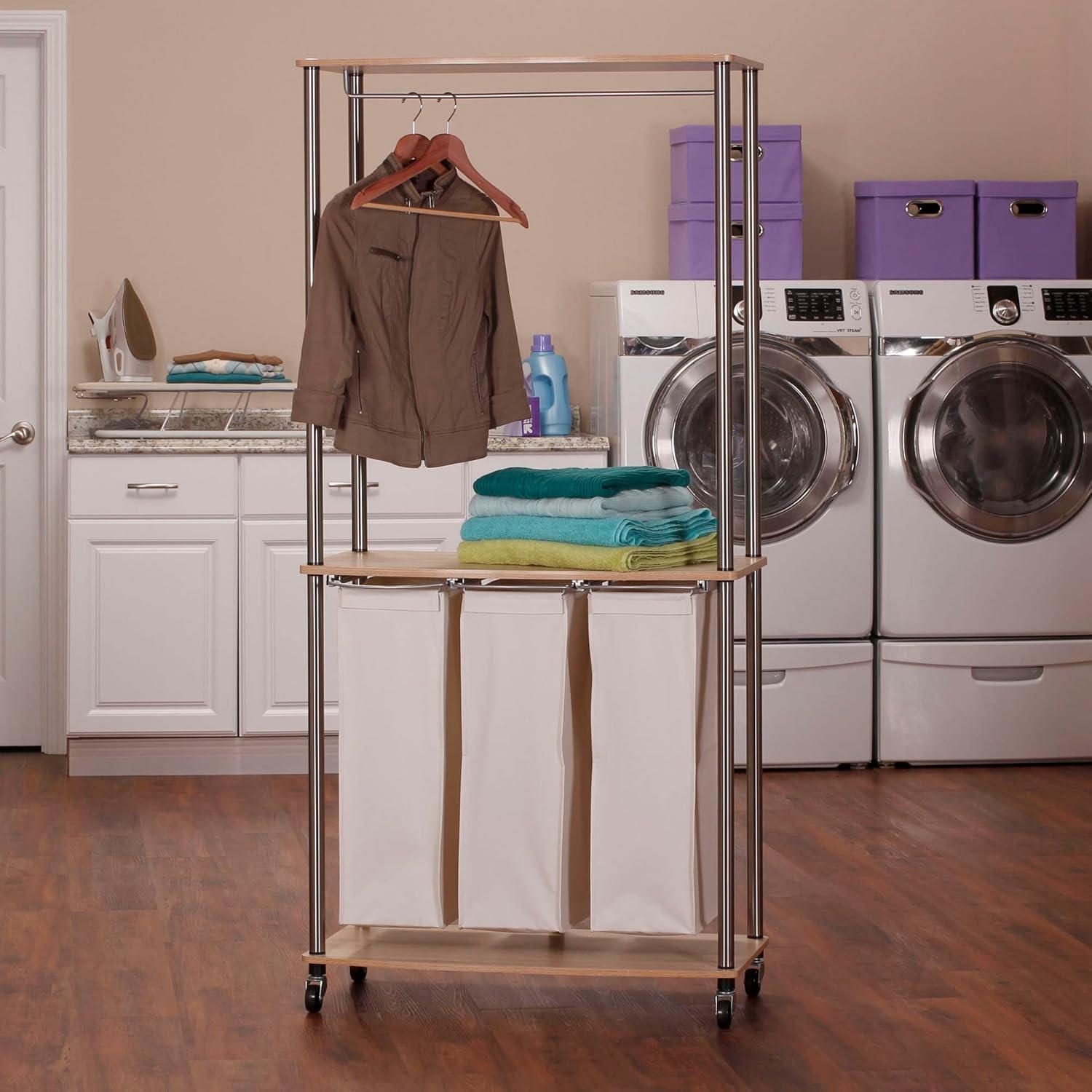 Modern Laundry Center with Wheels, 6 Load Capacity, Steel Frame, 3 Washable Linen Bags, MDF Shelves with Hanging Bar, Easy Twist-On Assembly, Light Ash Wood Grain Laminate