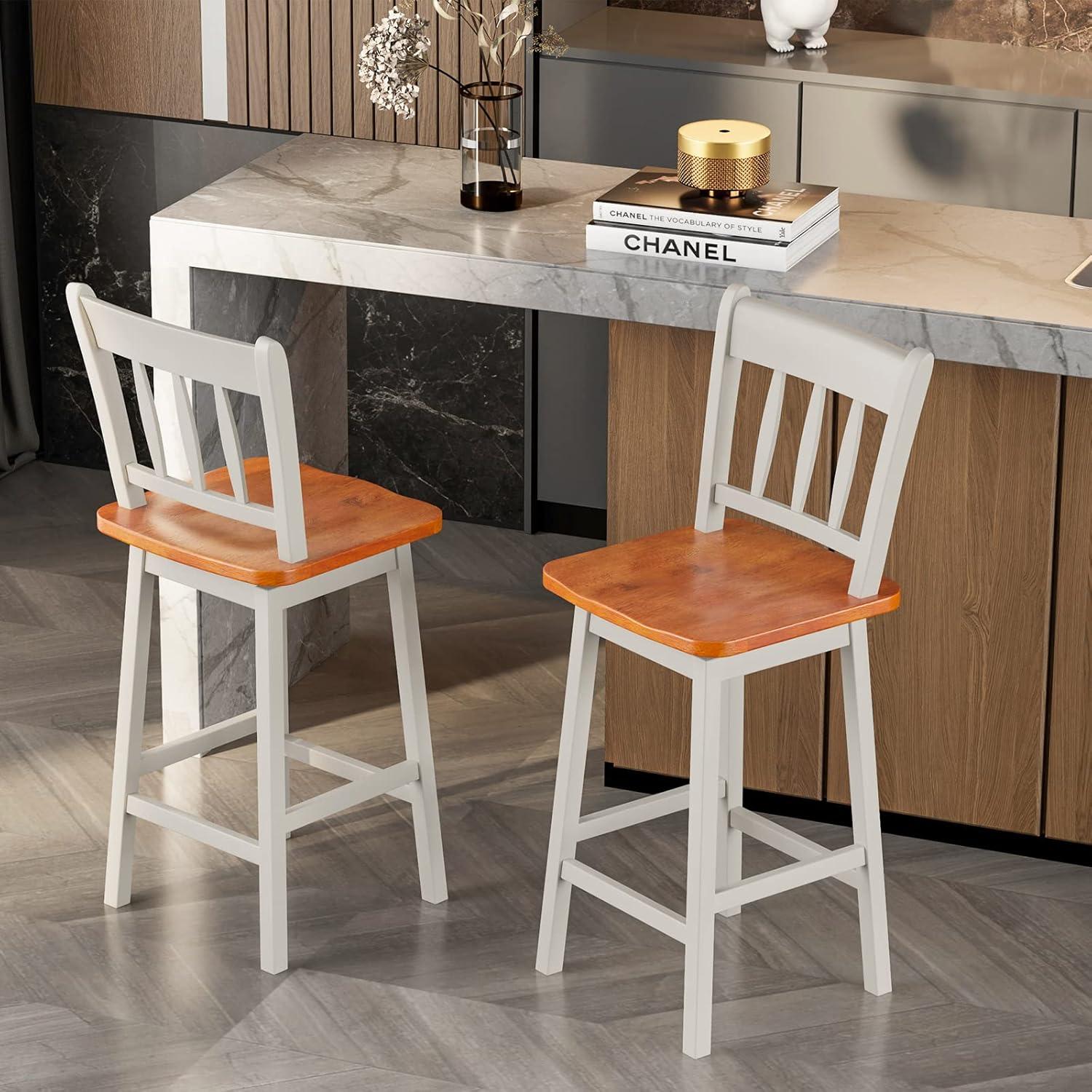 Costway 2PCS Bar Stool 24.5'' Swivel Counter Height Chair w/ Footrest Cream