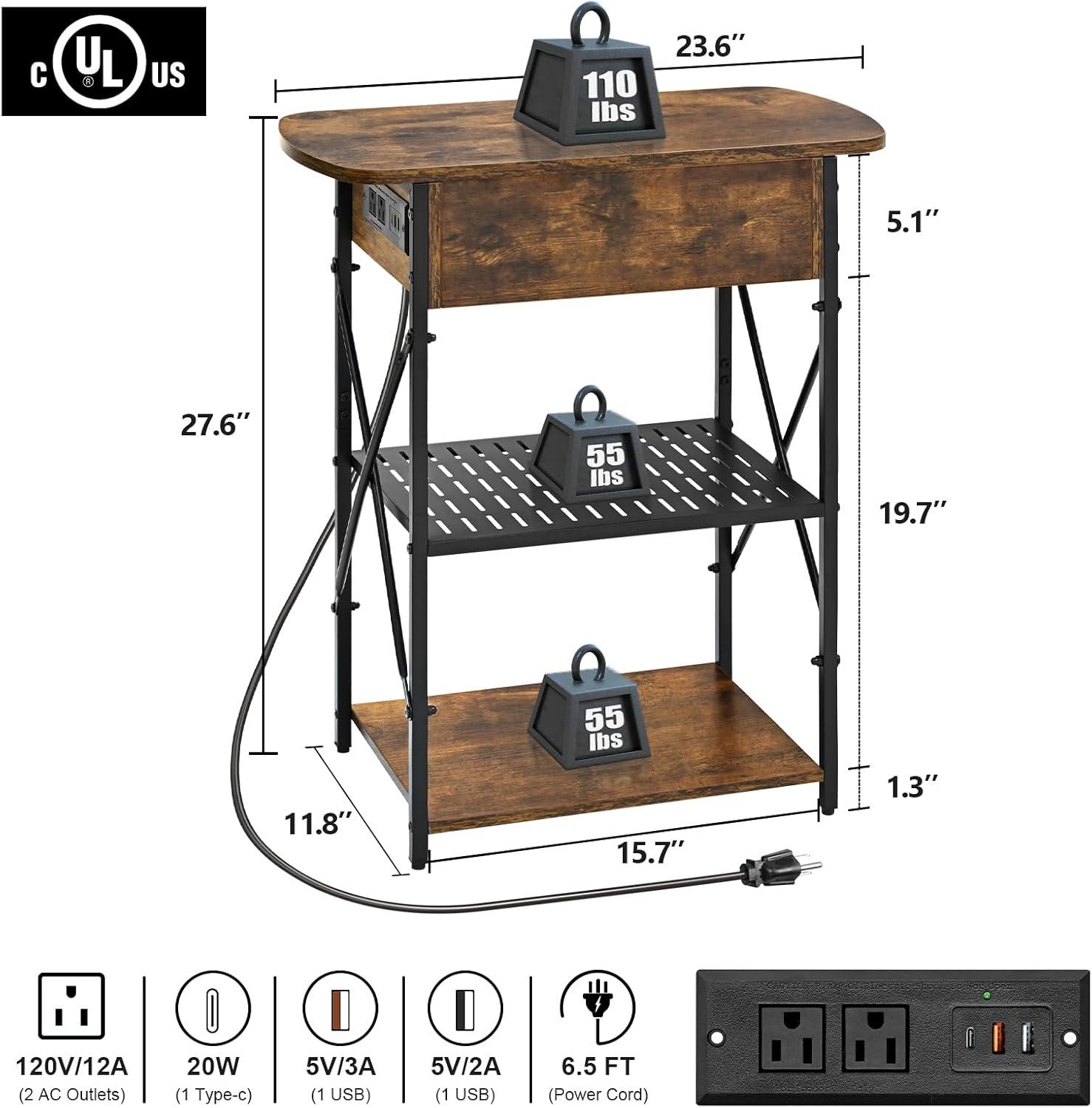 Flip Top End Tables Set 2 with Charging Station, Side Tables Living Room