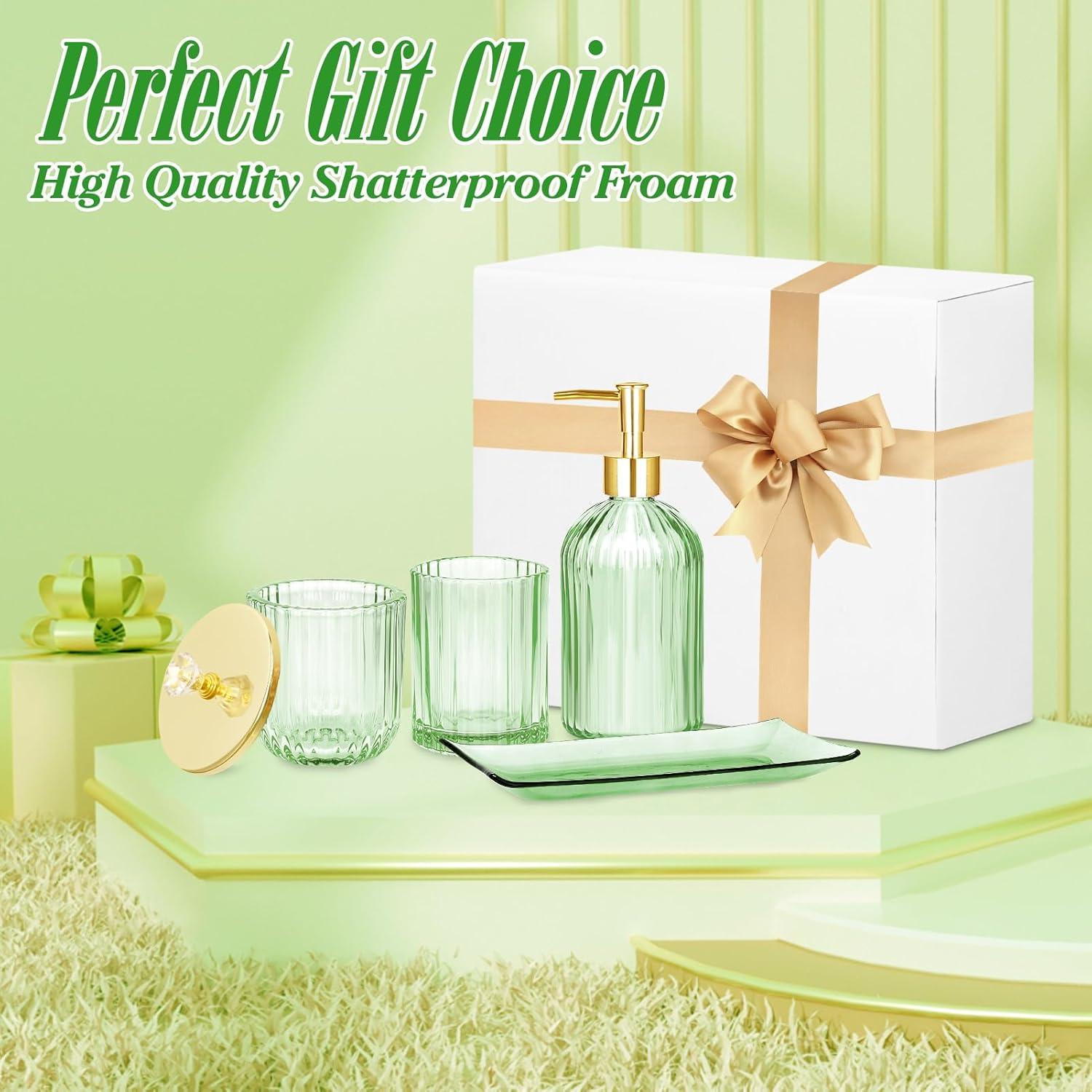 Green Glass Bathroom Accessories Set with Gold Accents, 4 Pieces