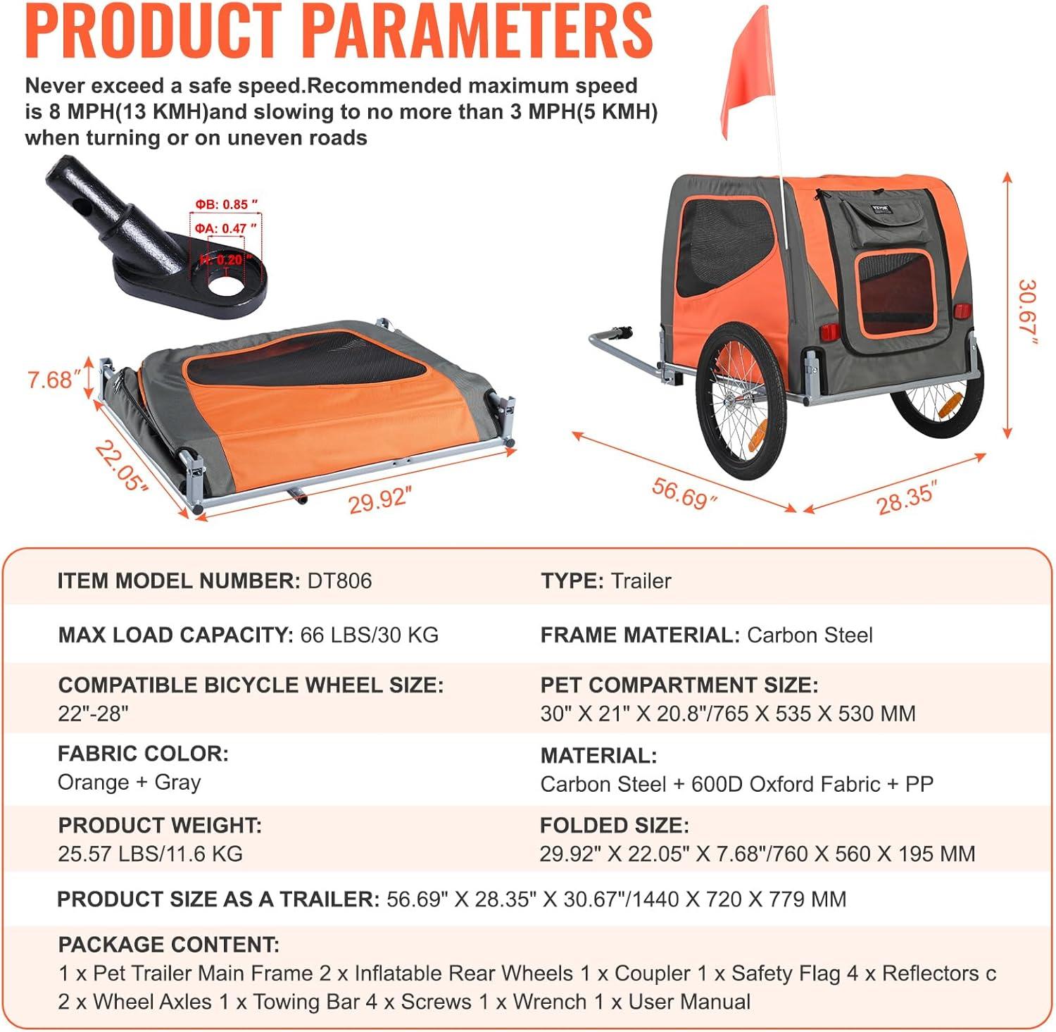 Orange and Gray Folding Dog Bike Trailer with Mesh Windows