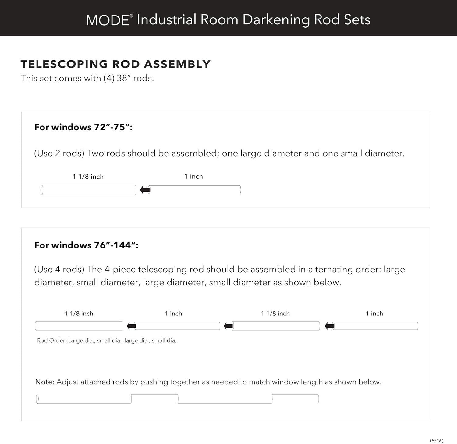 Mode Industrial Room Darkening Collection 1 1/8 in Diameter Curtain Rod Set with Steel Wall Mounted Adjustable, Blocks Light