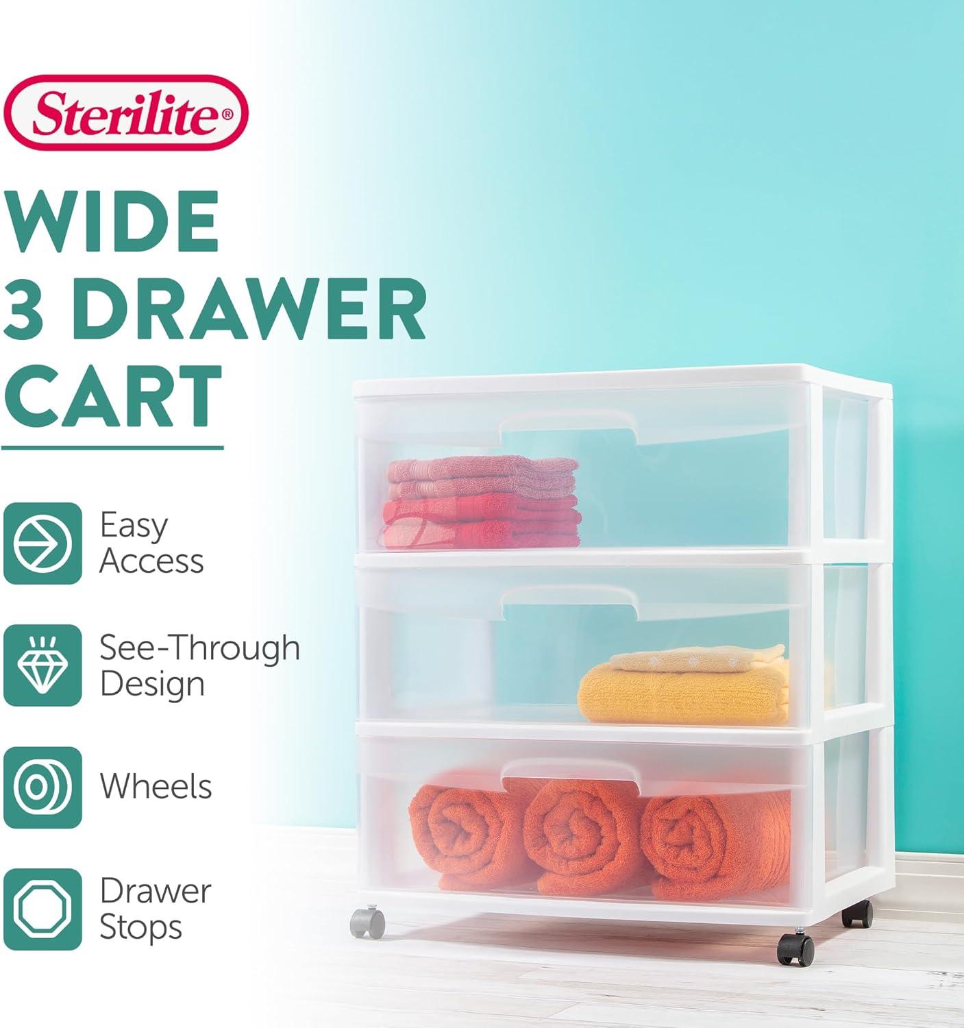 Sterilite Sterilite At Home 3 Drawer Wide Storage Cart Container with Casters (Set of 4)
