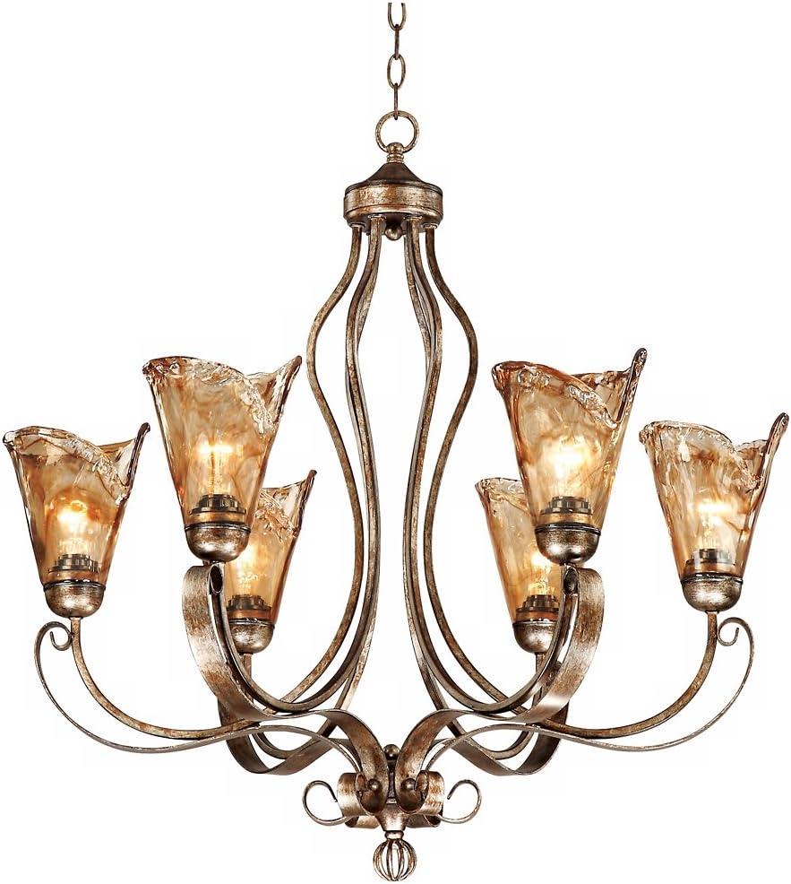 Franklin Iron Works Amber Scroll Golden Bronze Large Chandelier 31 1/2" Wide Rustic Art Glass 6-Light Fixture for Dining Room House Kitchen Island