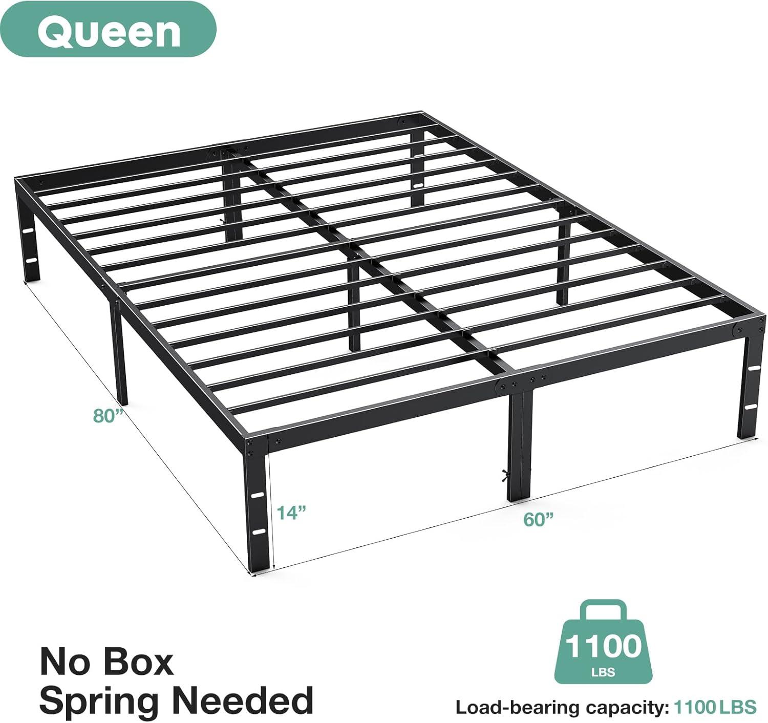 Queen Size Black Metal Bed Frame with Storage and Slats