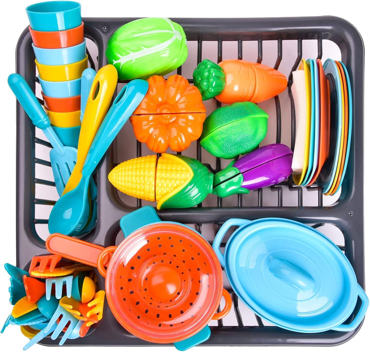 Fun Little Toys 54Pcs Play Dishes Set for Kids Kitchen, Pretend Play Pots, Pans & Food Toys, Toddler Cooking Set