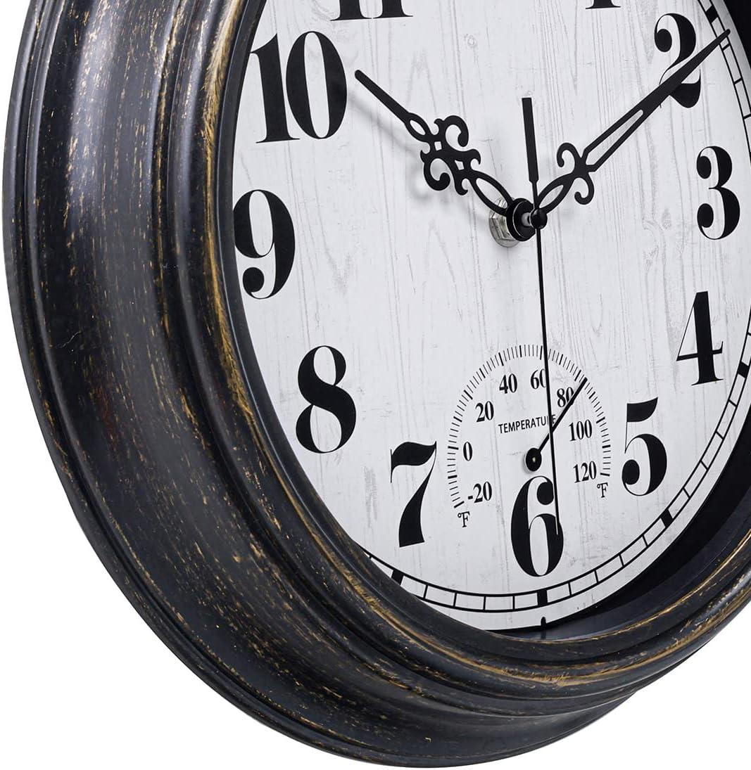 12 Inch Retro Silent Wall Clock,Indoor and Outdoor,Waterproof,Thermometer,Black