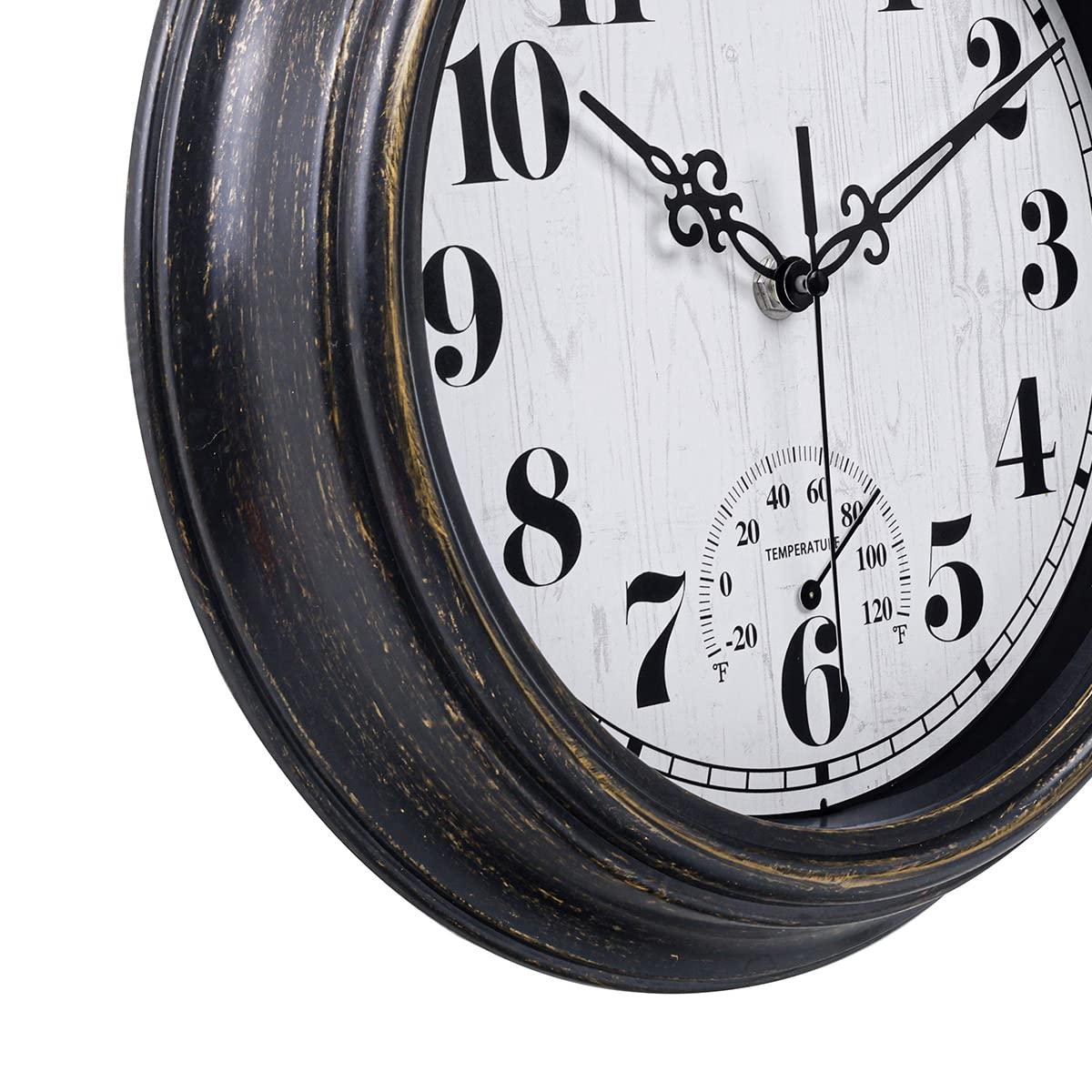 12 Inch Retro Silent Wall Clock,Indoor and Outdoor,Waterproof,Thermometer,Black