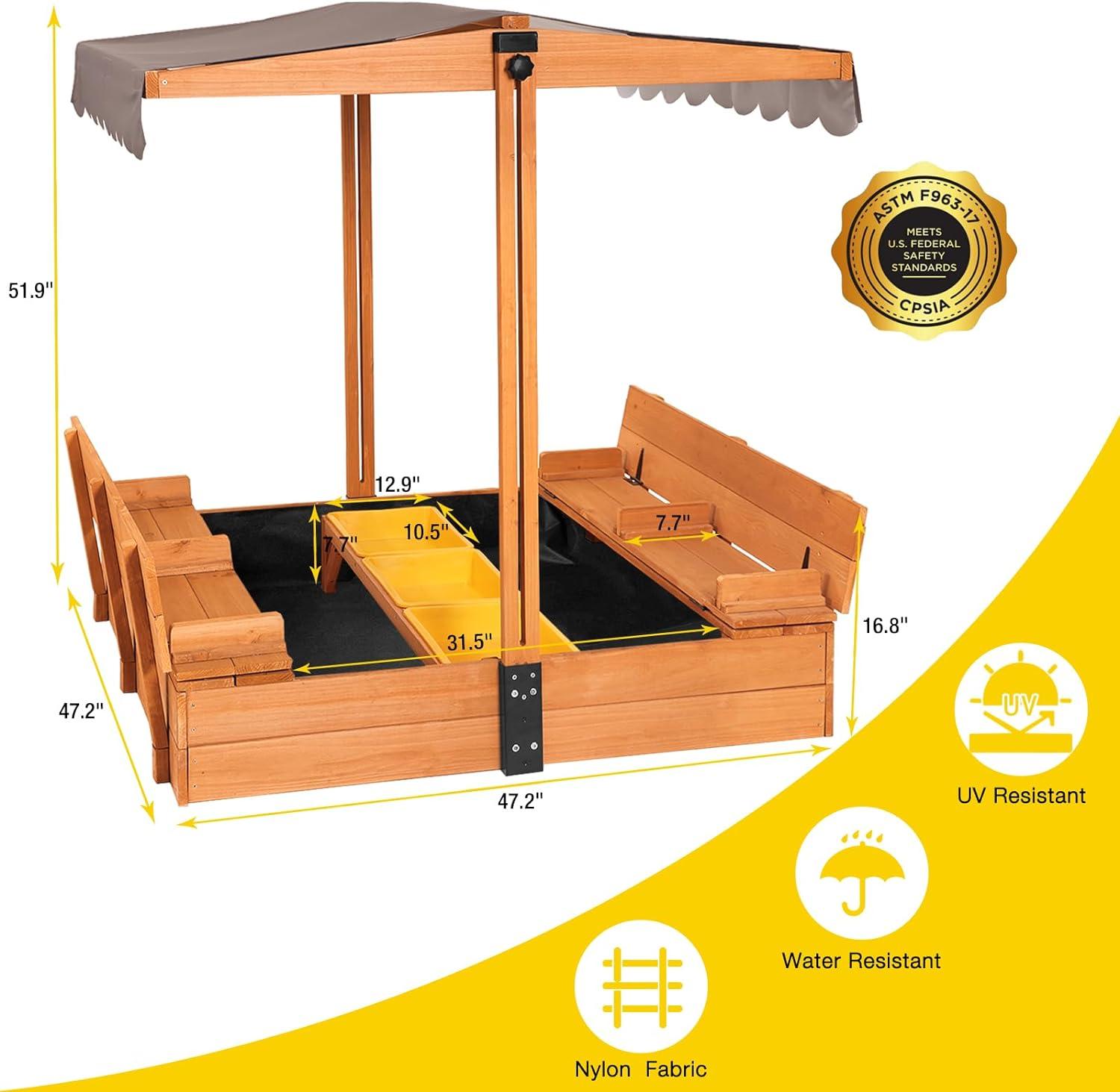 Large Wooden Sandbox with Adjustable Canopy and Toy Bin Storage