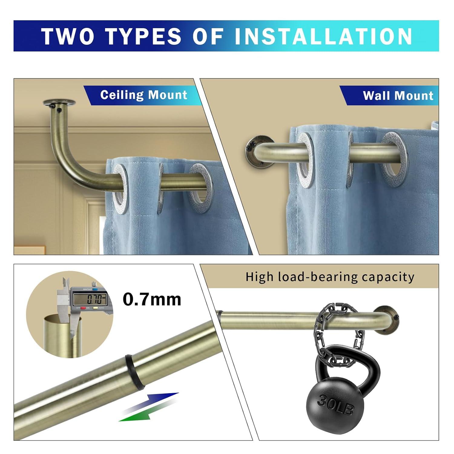 Urbanest Energy Saving Wrap Around Black Out Room Darkening Adjustable Window Curtain Metal Rod Set Heavy Duty, 1" Diameter, Antique Brass, 48"-84"