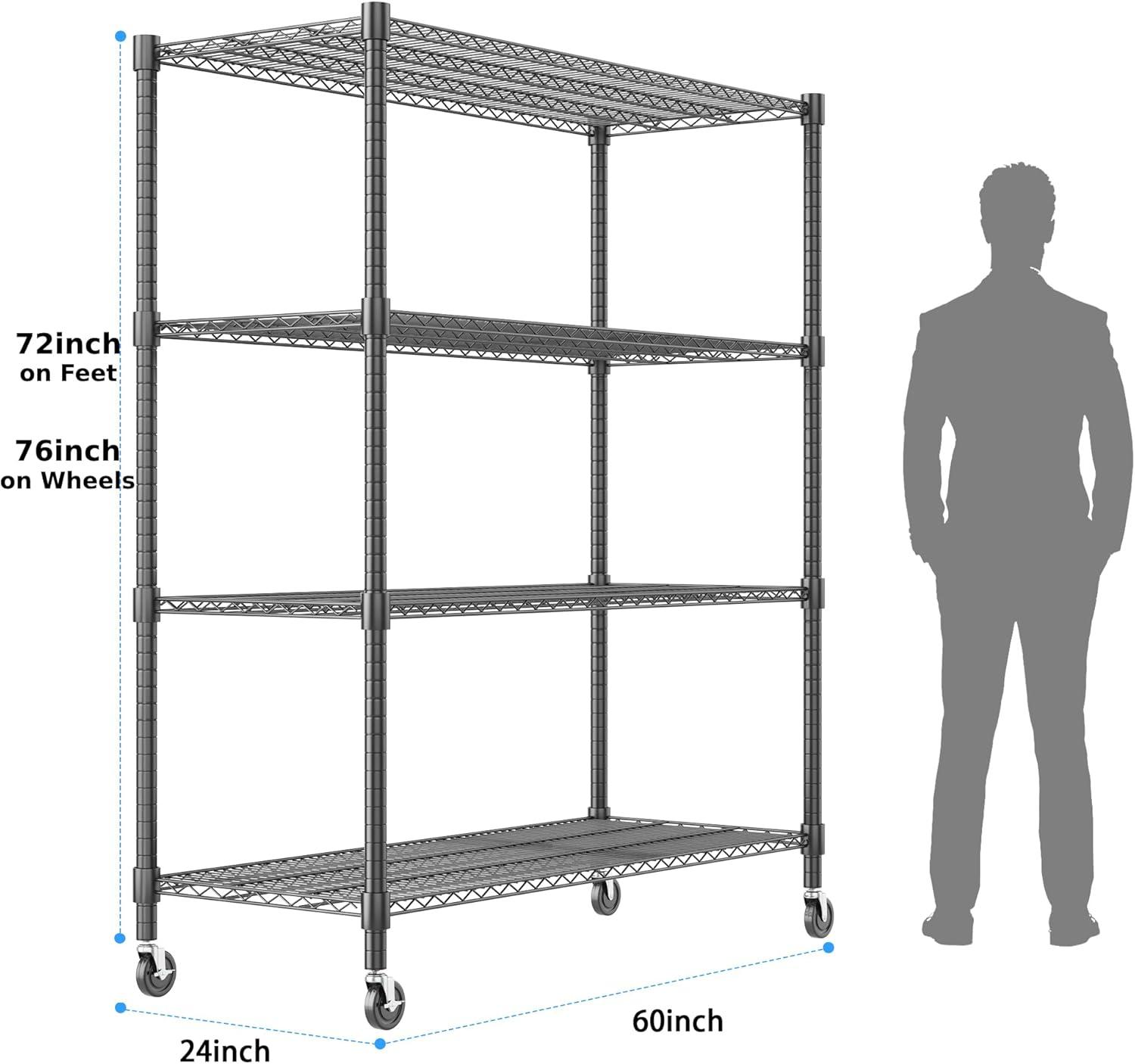 Homdox Heavy Duty Metal Shelves for Storage, 4 Tier Storage Racks and Shelving, Commercial Adjustable Wire Shelving Unit on Wheels, Garage Rack Pantry Shelves Kitchen Shelving, 24"x48"x72", Chrome