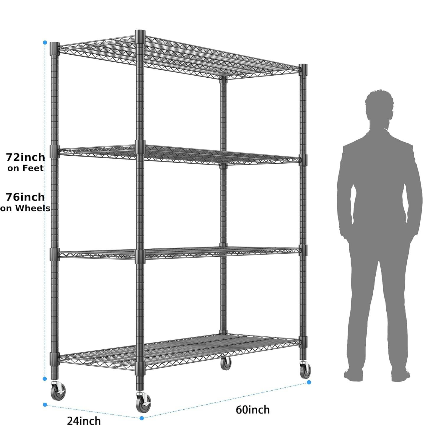 Homdox Heavy Duty Metal Shelves for Storage, 4 Tier Storage Racks and Shelving, Commercial Adjustable Wire Shelving Unit on Wheels, Garage Rack Pantry Shelves Kitchen Shelving, 24"x48"x72", Chrome