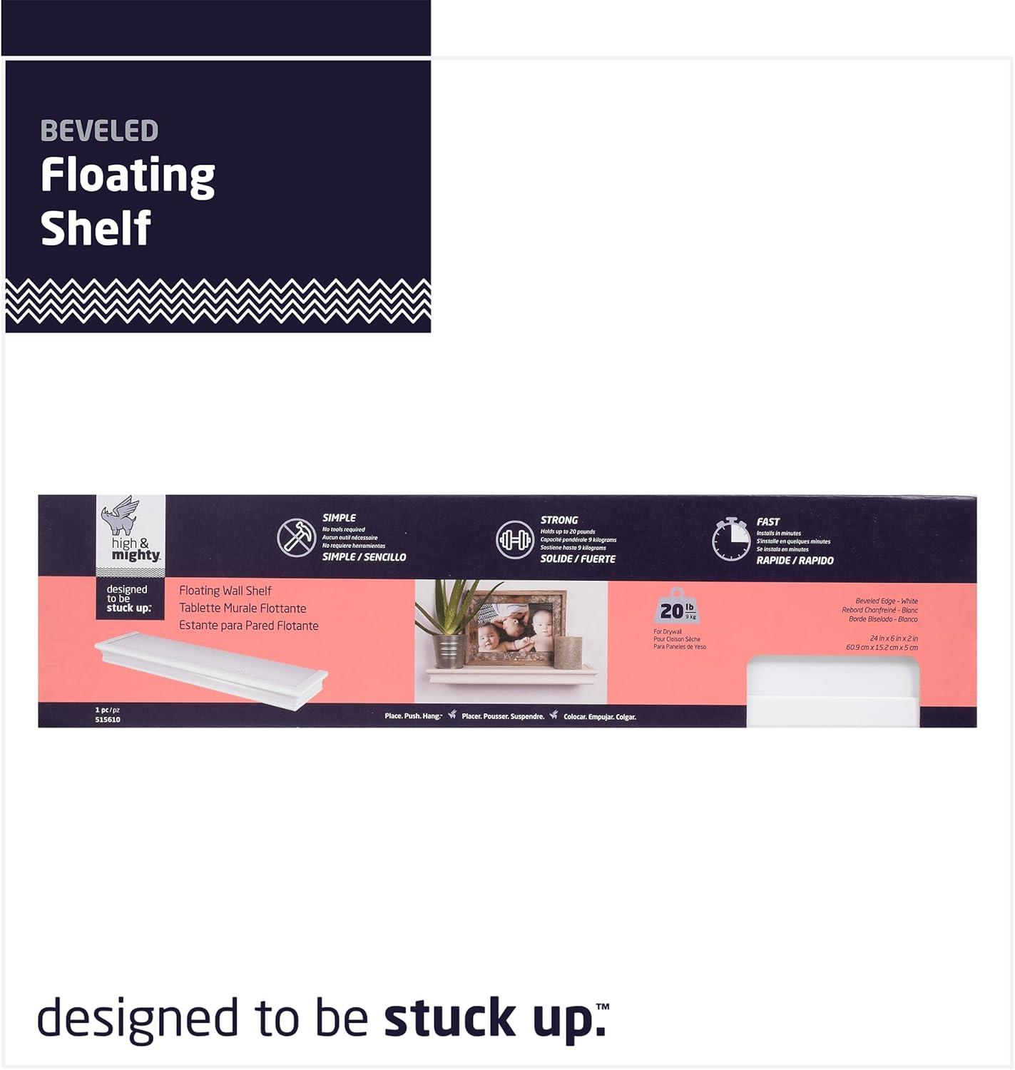 HIGH & MIGHTY Decorative 24" Floating Shelf Holds up to 20lbs, Easy Tool-Free Dry Wall Installation, Beveled, eCommerce Packaging, White