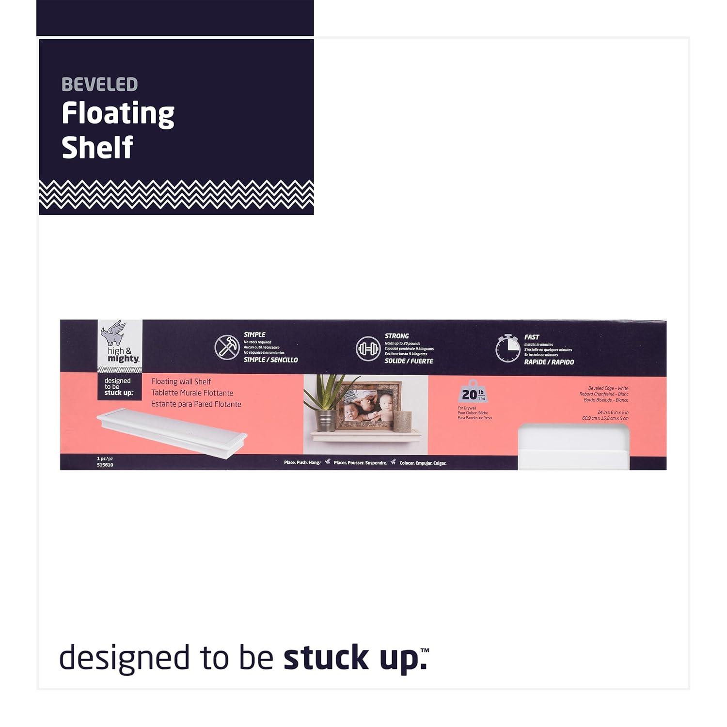 HIGH & MIGHTY Decorative 24" Floating Shelf Holds up to 20lbs, Easy Tool-Free Dry Wall Installation, Beveled, eCommerce Packaging, White