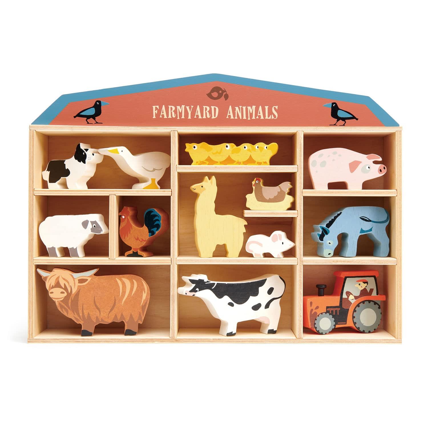 Tender Leaf Toys Farmyard Animals – 13 Wooden Country Farm Figurines with a Display Shelf - Classic Toy for Pretend Play – Develops Creative & Imaginative Skills – Learning Role Play – Ages 3+ Years