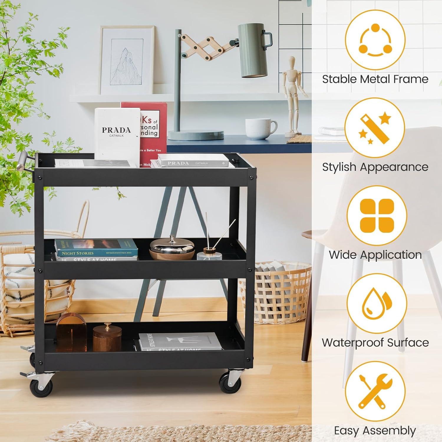 3-Tier Utility Cart, Heavy Duty Commercial Service Tool Cart w/Lockable Wheels, 330lbs Load Capacity, Ergonomic Handle, Rolling Mechanic Tool Cart Storage Organizer for Warehouse Garage Black