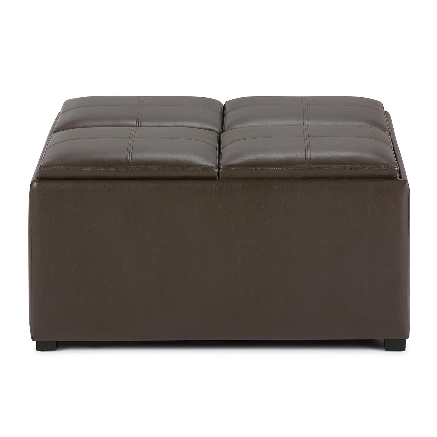 Simpli Home Avalon 35"W Upholstered Square Coffee Table Storage Ottoman with Flip-Over Trays