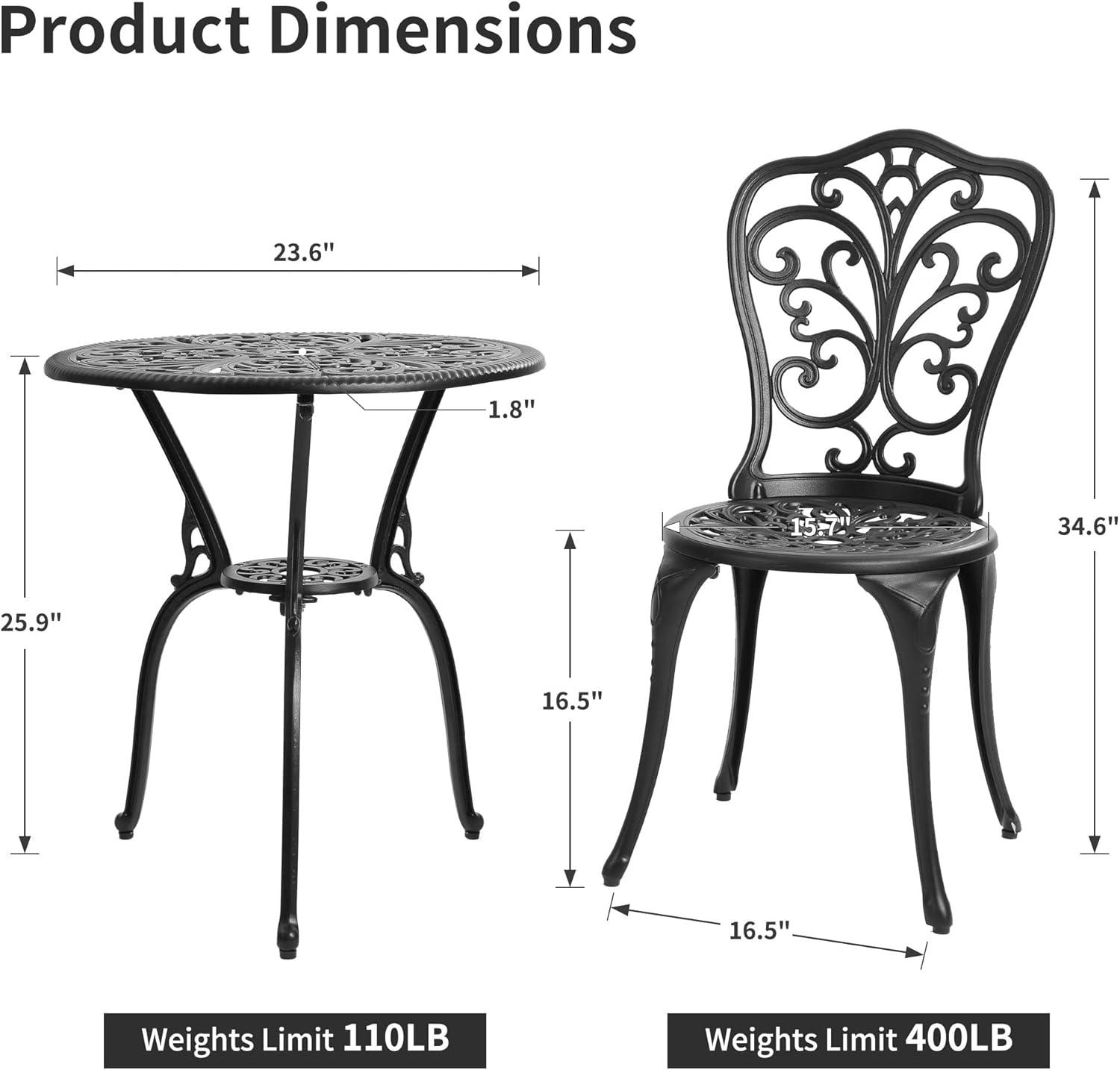 Astoria Grand 3 Piece Outdoor Patio Set Butterfly Pattern Cast Aluminum Bistro Table and Chairs Set of 2 with Cushion Black