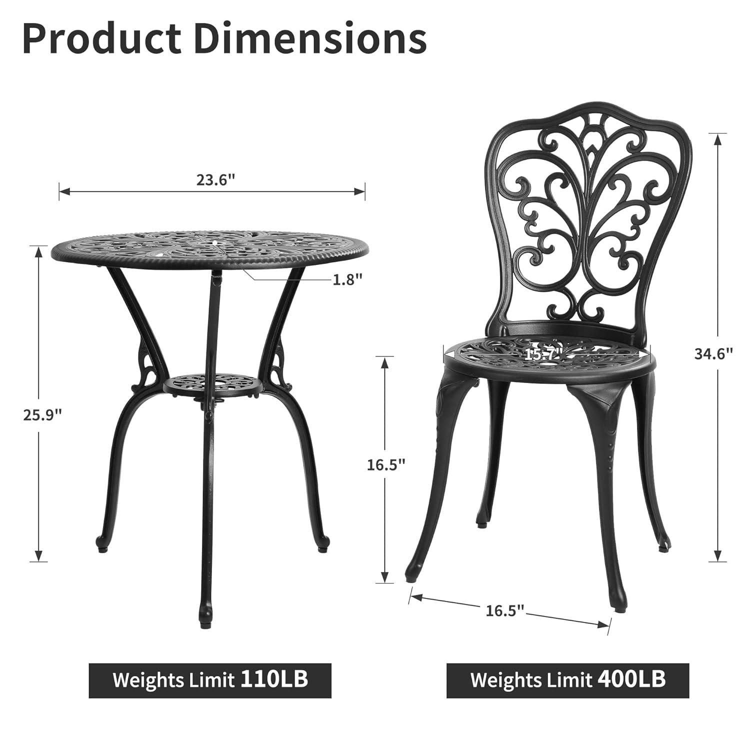 Astoria Grand 3 Piece Outdoor Patio Set Butterfly Pattern Cast Aluminum Bistro Table and Chairs Set of 2 with Cushion Black