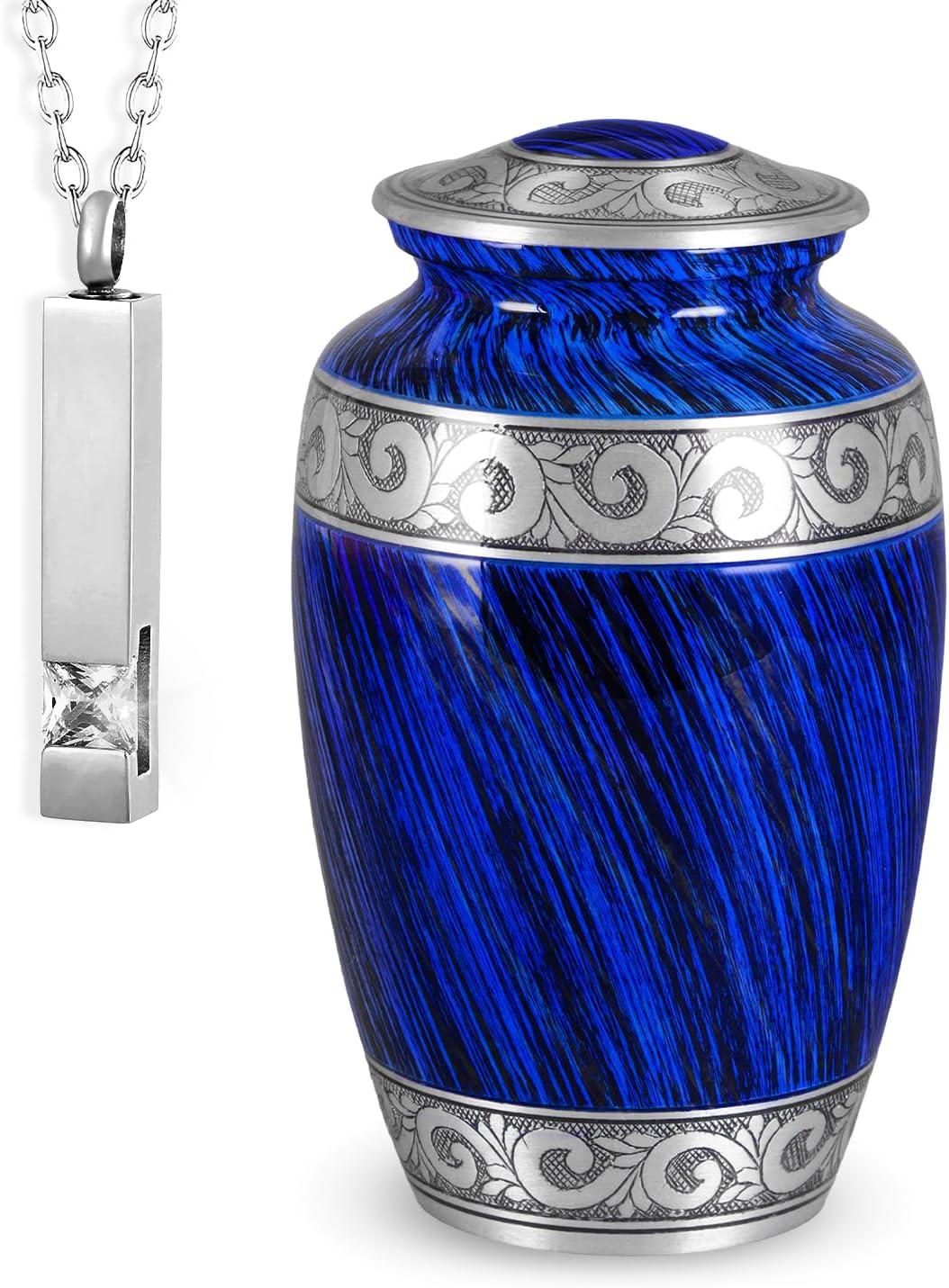 Hand-Engraved Blue Metal Urn with Necklace for Ashes
