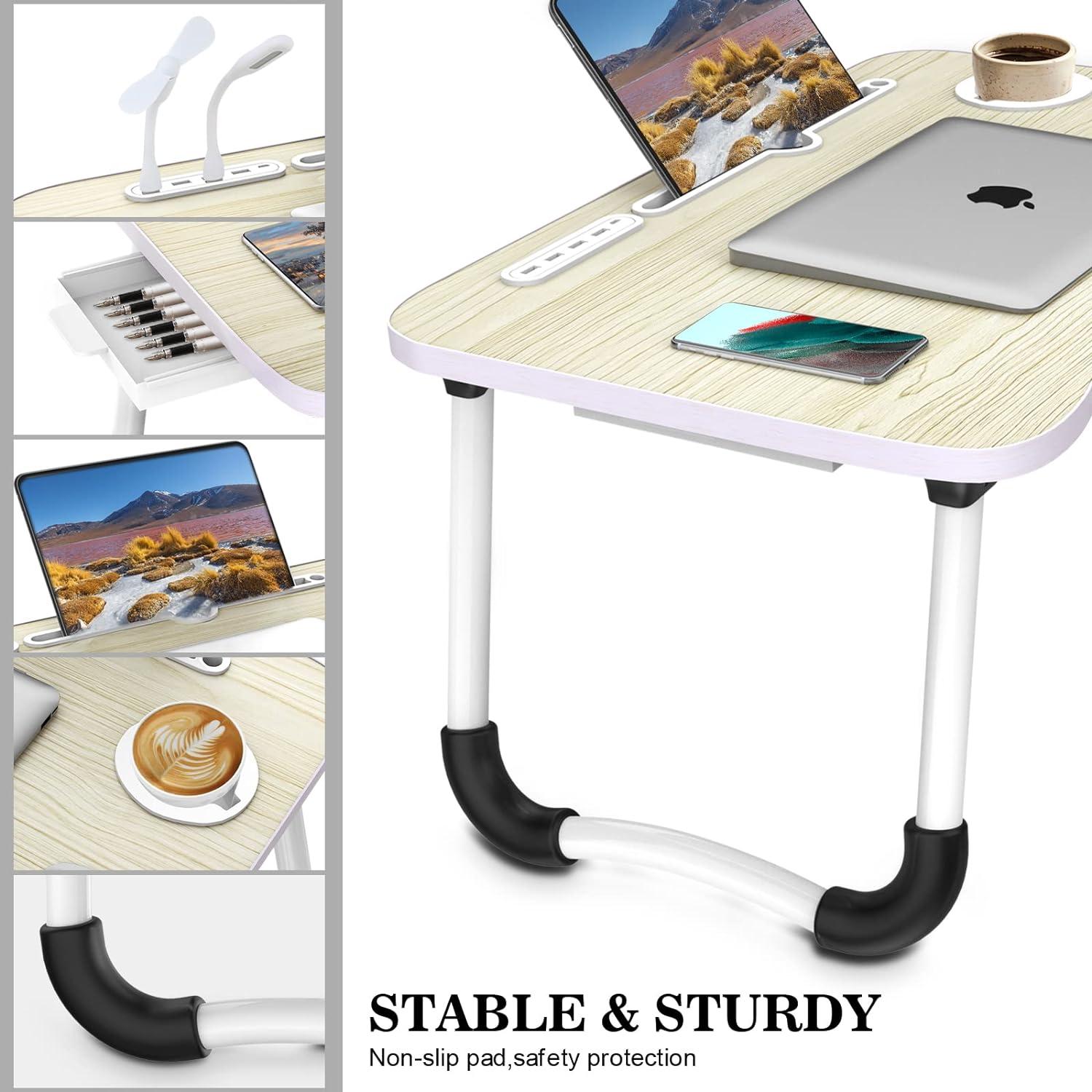 Foldable Light Wood Laptop Desk with USB Ports and Storage