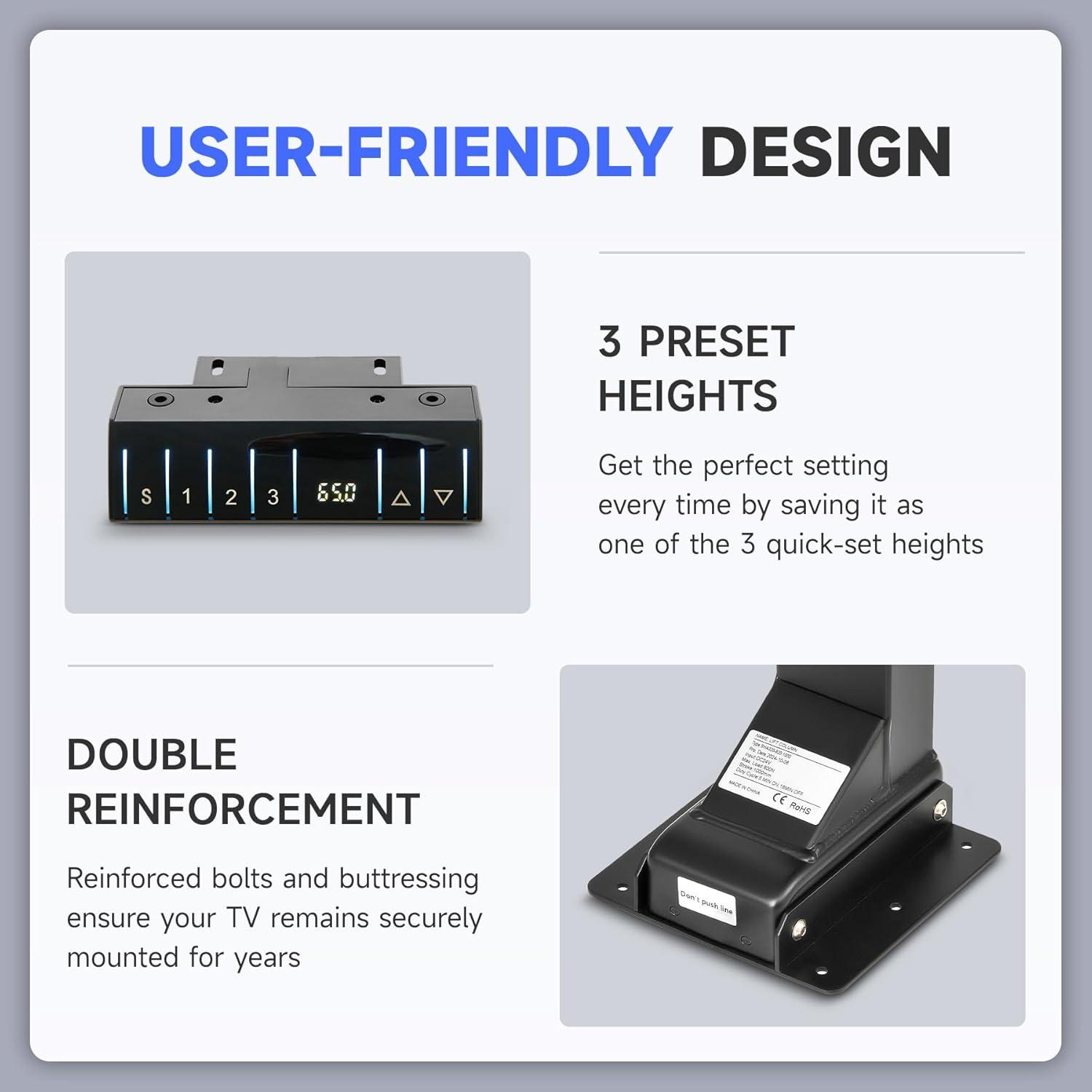 Black Motorized TV Lift for 32" to 70" TVs with Remote Control