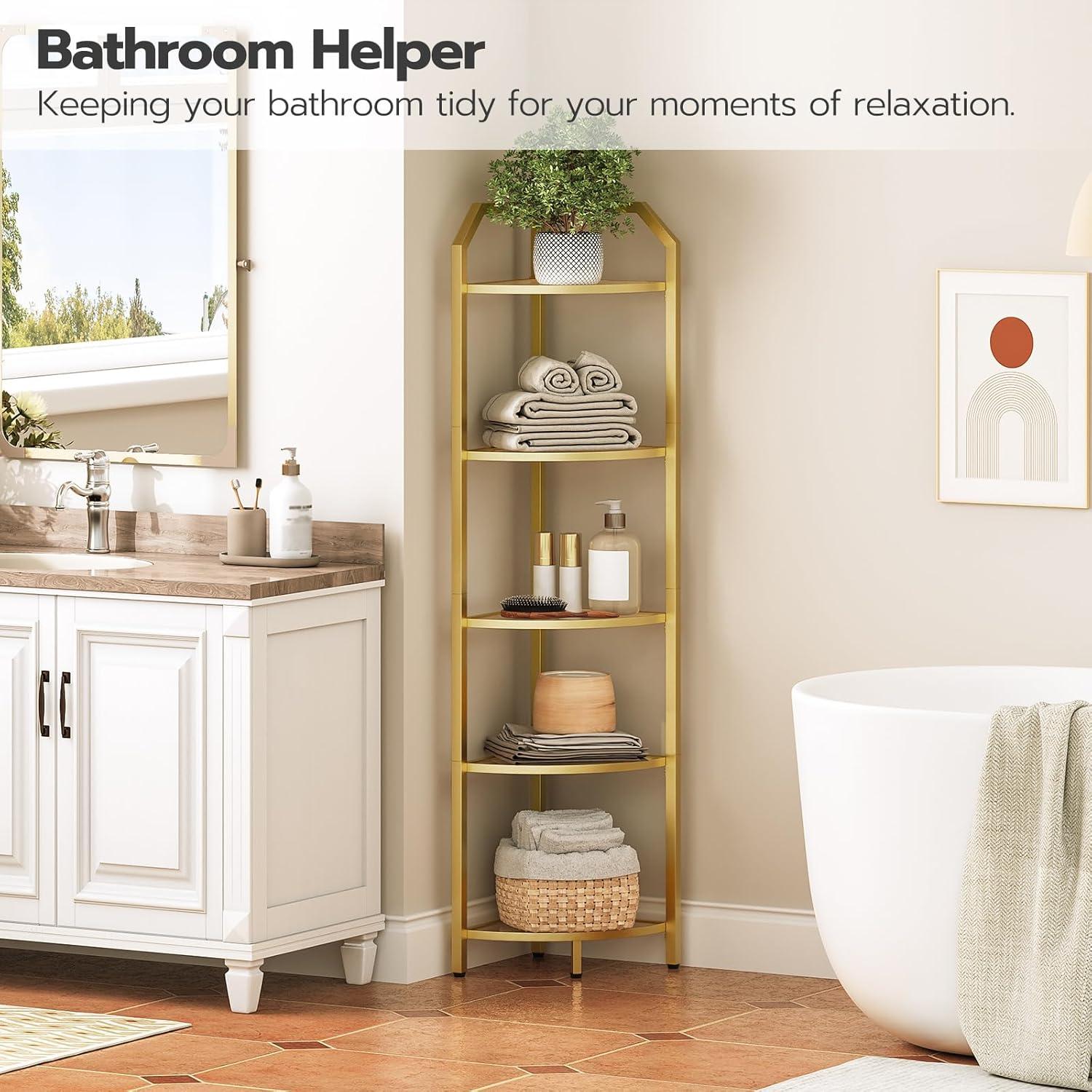 HOOBRO 5-Tier Corner Shelf Stand, Black Corner Bookshelf, Tempered Glass Shelves, Bathroom Organizer, Corner Plant Stand, for Living Room, Study, Balcony, Home Office, Modern Style, Black BK15CJ01