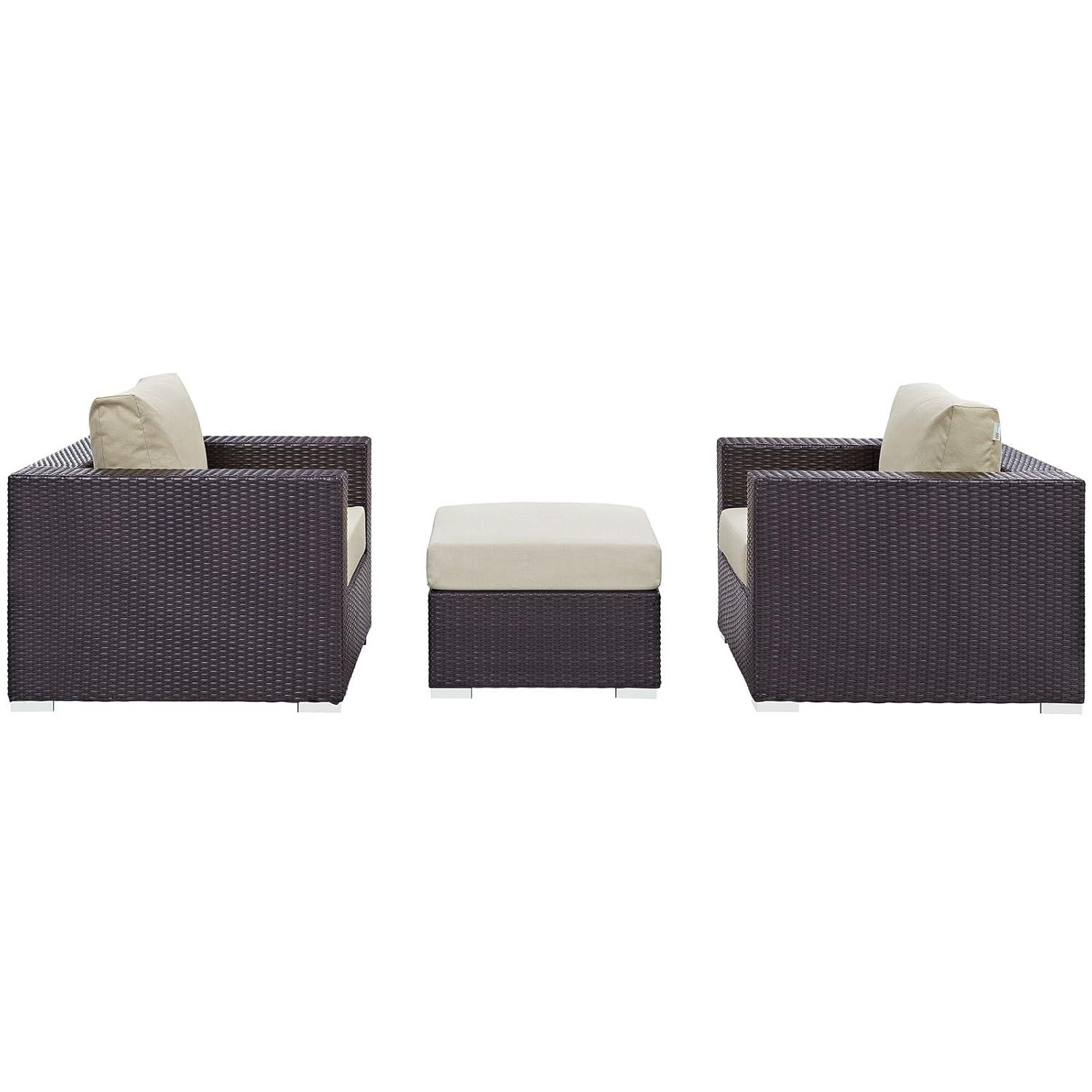 Espresso Beige Wicker Rattan 3-Piece Outdoor Sofa Set