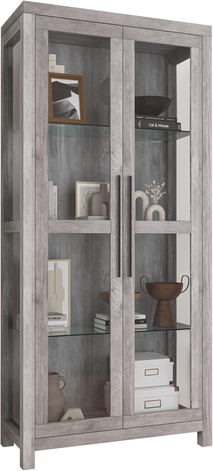 Gray Wash Tall Curio Cabinet with Tempered Glass Doors