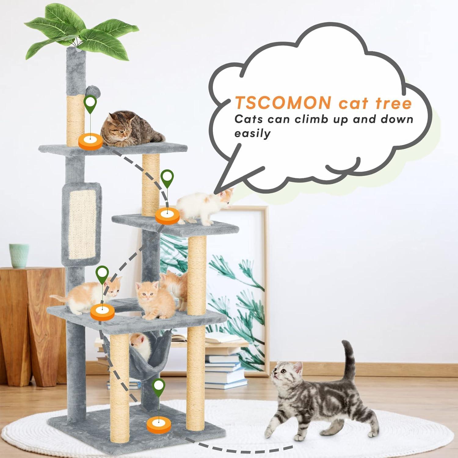 55" Cat Tree for Indoor Cats with Green Leaves, Multi-Level Large Cat Tower for Indoor Cats with Hammock, Plush Cat House with Hang Ball Toy and Cat Sisal Scratching Posts Cat Furniture, Green