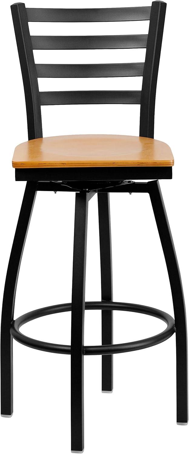 BizChair 2 Pack Black Ladder Back Swivel Metal Barstool - Natural Wood Seat