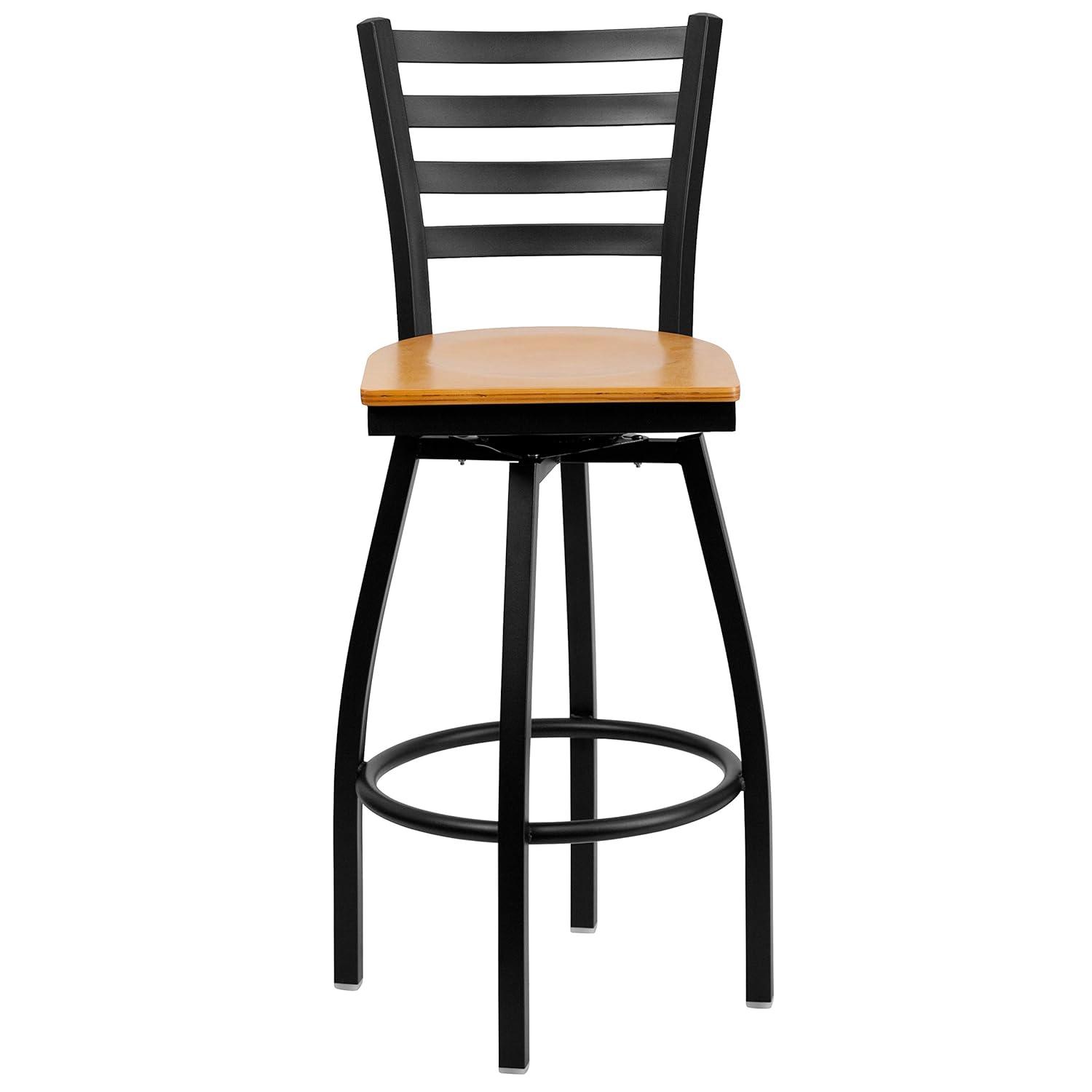 Flash Furniture 2 Pack HERCULES Series Black Ladder Back Swivel Metal Barstool - Natural Wood Seat