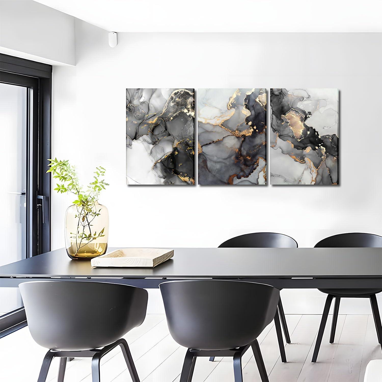 3Pcs Abstract Marble Wall Art Black and Gold Bathroom Decor Nordic Watercolor Gray White Fluid Ink Lines Canvas Picture Contemporary Painting Artwork for Living Room Bedroom Office Home Decor