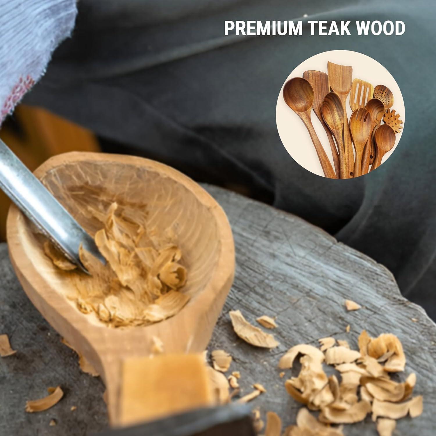 Wooden Spoons for Cooking, 10 Pcs Teak Wood Cooking Utensil Set ‚ Wooden Kitchen Utensils for Nonstick Pans & Cookware ‚ Sturdy, Lightweight & Heat Resistant