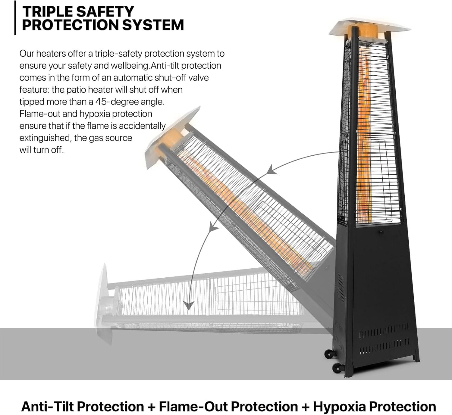 MoNiBloom 42,000 BTU Pyramid Patio Heater with Wheels, Outdoor Propane Gas Standing Flame Heater for Patio Backyard Garden, Black