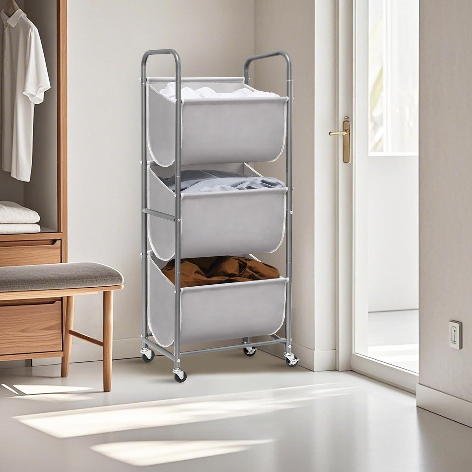 STORAGE MANIAC 120 Liters Vertical Rolling Laundry Hamper, 3 Section Laundry Sorter with Wheels and 2 Breaks, 3-tier Laundry Baskets for Small Space, Dorm, Laundry Room, Closet, Bathroom, Gray 3-tier
