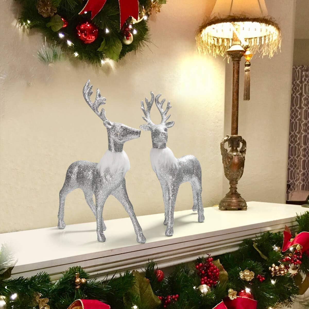 Ornativity Glitter Christmas Reindeer Figurines-  Silver - Pack of 2