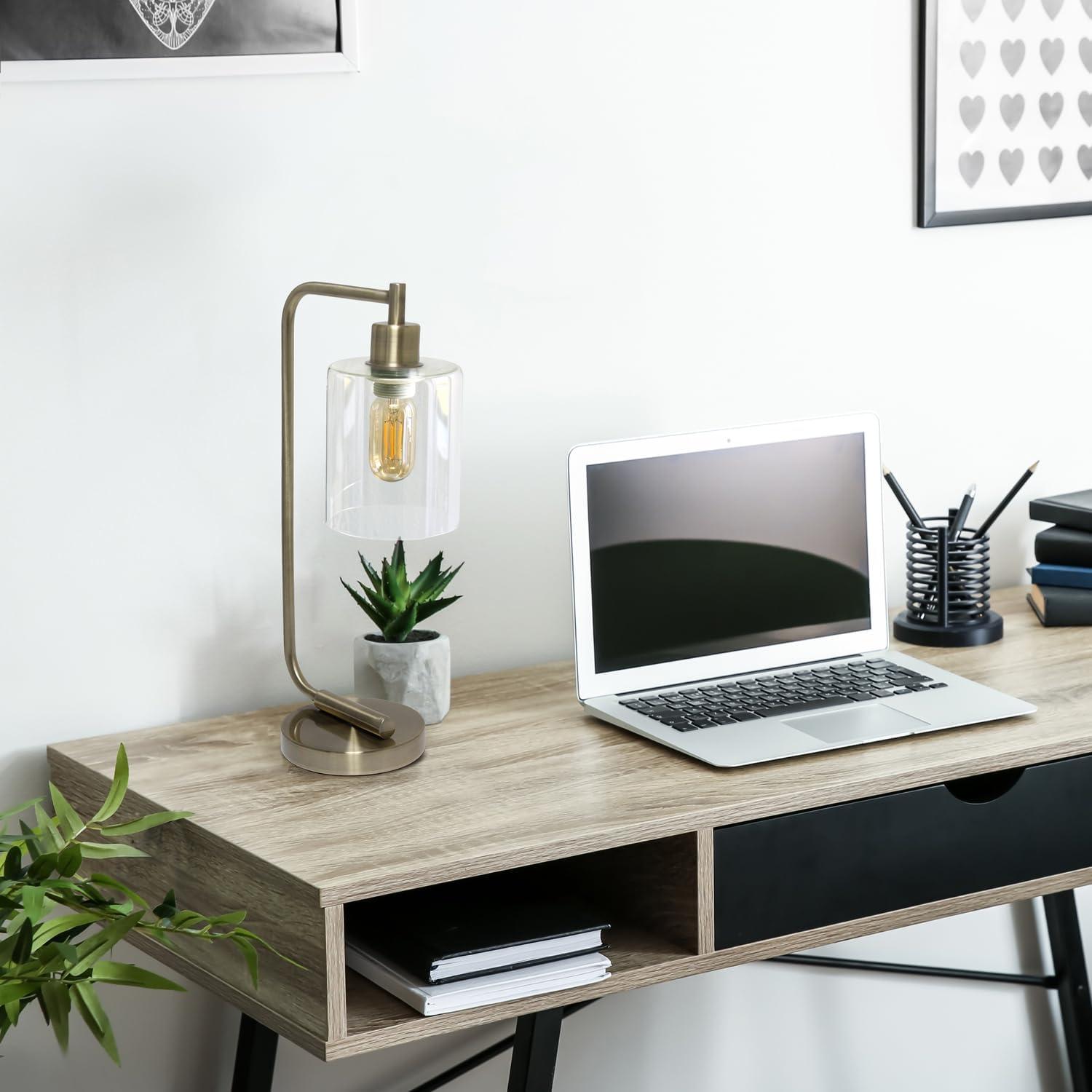 Simple Designs 18.8" Industrial Vintage Bronson Iron Desk Lamp with Glass Shade, Antique Brass